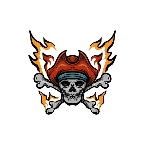 Şapkalı ve yanan bir korsan kafatasının vektör çizimi