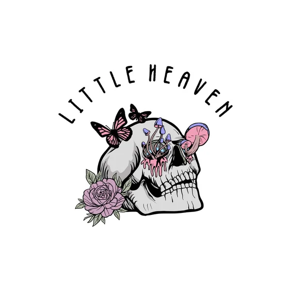 Mantar, çiçek ve kelebek yetiştiren bir kafatasının vektör çizimi