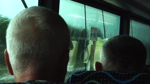 People Ride Bus Rain — Stock Video