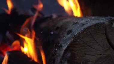 Odak bulanıklığı olan bir şenlik ateşinde odun yakmanın yavaş çekimde yakın plan çekimi.