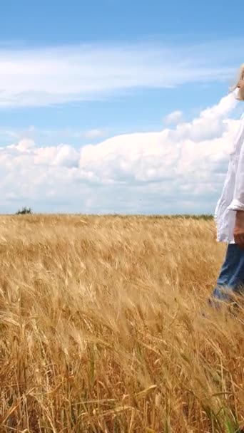 Two Girls White Linen Shirts Jeans Walking Rye Field Windy — Stock Video