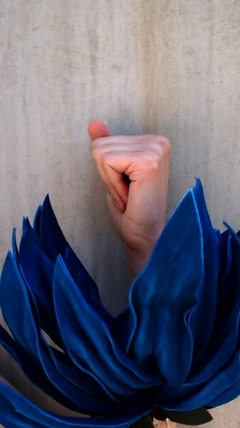Womans Hand Blossoms Reveals Sadolite Stone Deep Blue Color — Stock Video