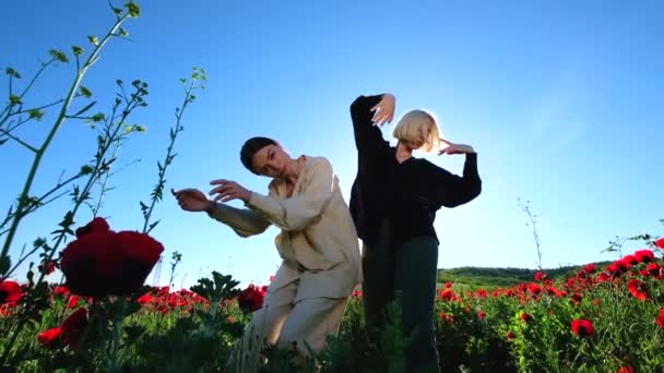 Две Девушки Маковом Поле Плавно Танцуют Кристально Чистом Голубом Небе — стоковое видео