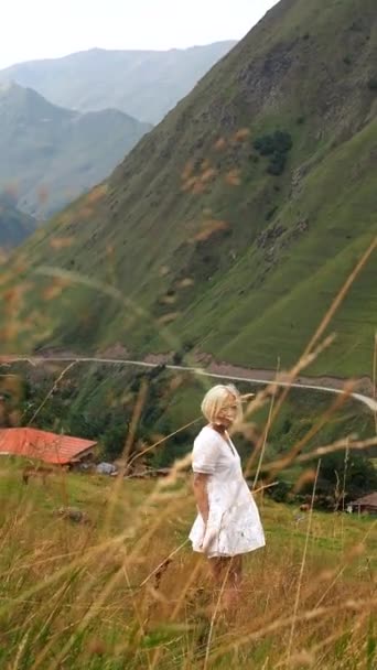 Chica Rubia Vestido Blanco Levanta Ladera Montaña Medio Majestuosa Cordillera — Vídeo de stock