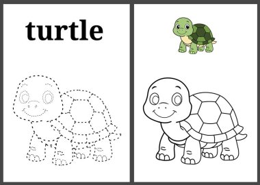 Çocuklar için eğlenceli ve eğitici bir çalışma tablosu, sevimli çizgi film kaplumbağalarının yer aldığı. Noktadan noktaya etkinlikleri, renklendirme için ana hatları ve resimli örnekleri içerir. Anaokulu, anaokulu ve ev okulu için mükemmel..