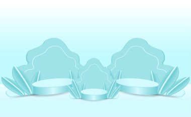 Mavi yapraklı minimalizmle 3 mavi ürün podyumu