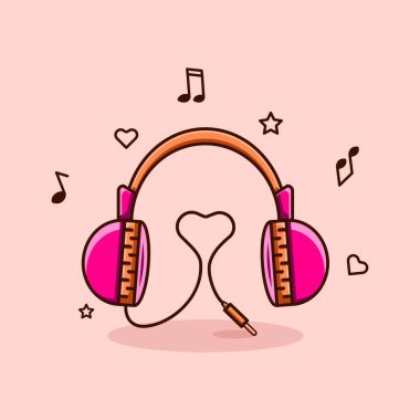 Aşk telli pembe kulaklıkların resmi. Kulaklık müzik ikonu. Kulaklık logosu simgesi