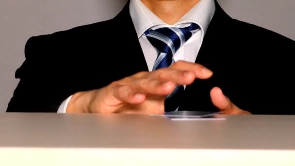 Businessman Holding Playing Cards Fist Pumping — Stock Video