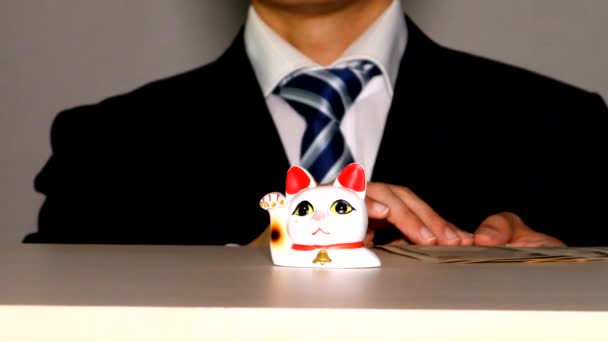Бизнесмен Держит Банкноты Гладит Манящую Кошку — стоковое видео