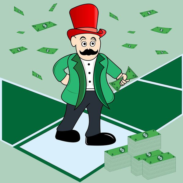 Вектор движения персонажа Happy Rich Business Man в картонной коробке, стоящего на фоне падающих денег