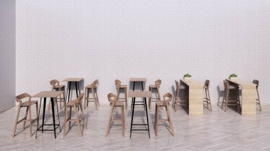 Yemek alanı iç tasarımı, bar masası ve sandalye, tahta sandalye, ahşap masa, ahşap resepsiyonlar.