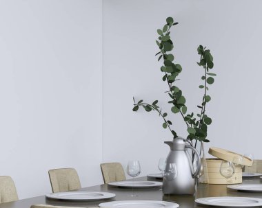 Kapalı masa yemek masası dekorasyonu, tabak, cam ve modern vazo.