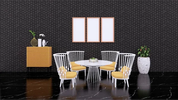 Área Jantar Com Design Mobiliário Branco Mármore Preto Piso Parede — Fotografia de Stock