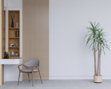 Ahşap duvar paneli ve dolabı olan tuvalet masası şık, modern tuvalet masası, rahat ahşap koltuk ve boş beyaz duvarlı dikey ahşap stil, kapalı alan bitkisi.