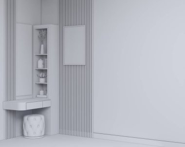 Ahşap duvar paneli ve dolabı olan tuvalet masası, şık, modern tuvalet masası, rahat sandalye ve boş beyaz duvarlı dikey ahşap tarzı, kapalı, beyaz model.