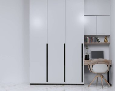 Çalışma masası ve tuvalet masası, ahşap masa, minimal sandalye, gardırop, beyaz duvar arkaplanı, modern dolap, minimal dekoratif, perde