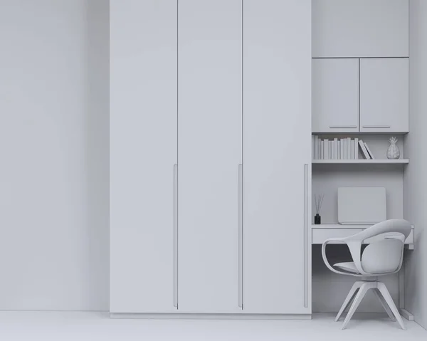 Työpöytä Pukeutumispöytä Puinen Pöytä Minimaalinen Tuoli Vaatekaappi Valkoinen Seinä Tausta — kuvapankkivalokuva