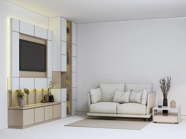 Wohnzimmerdesign Fernseher Sofa Holzschrank Wandpaneeldesign Couchtisch Zimmerpflanze Brauner Teppich Marmorboden — Stockfoto