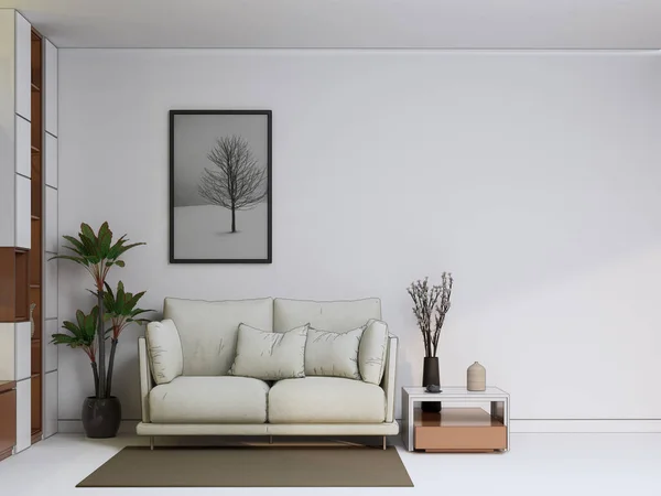 客厅设计 墙板设计 咖啡桌 室内植物 棕色地毯 大理石地板 白墙背景 — 图库照片