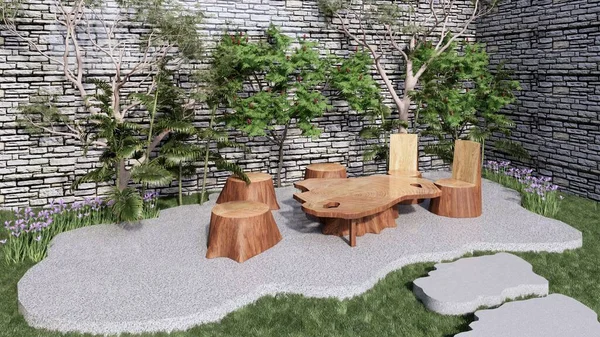 园中有天然木椅 桌子和热带树木 — 图库照片