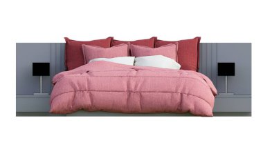 Boş kırmızı ve beyaz yatak yastık maketi, ön manzara, beyaz arka plan doğal ahşap, baş yatağı, yatak örtüsü