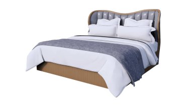 Boş mavi beyaz yatak, yastık maketi, 3 boyutlu manzara, beyaz arka plan doğal ahşap, baş yatağı, yatak örtüsü