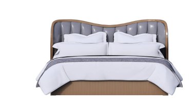 Boş mavi ve beyaz yatak, yastıklar, ön manzara, beyaz arka plan doğal ahşap, baş yatağı, yatak örtüsü