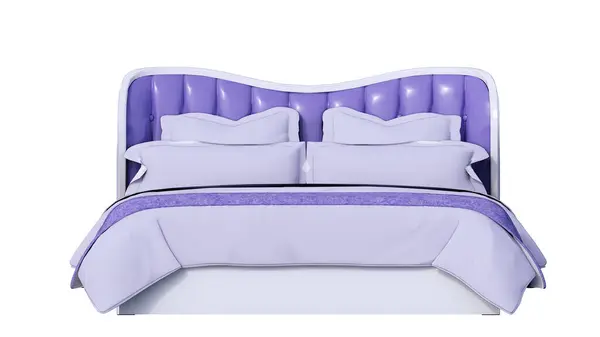Порожнє Фіолетове Біле Ліжко Подушками Макет Вид Спереду Білий Фон — стокове фото