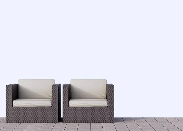 藤园家具 室外设施 室外家具 铺地板 扶手椅 空白墙壁 — 图库照片