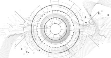 Çeşitli teknoloji elementlerine sahip beyaz arka planda gri teknoloji. Geleceğe ait teknoloji geçmişi..