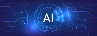 Koyu mavi arka planda gelecekçi dijital yapay zeka (yapay zeka) teknolojisi. AI (Yapay Zeka) Koyu mavi arkaplan üzerinde devre kartı tasarımı ile ifade edilir. Vektör illüstrasyonu.