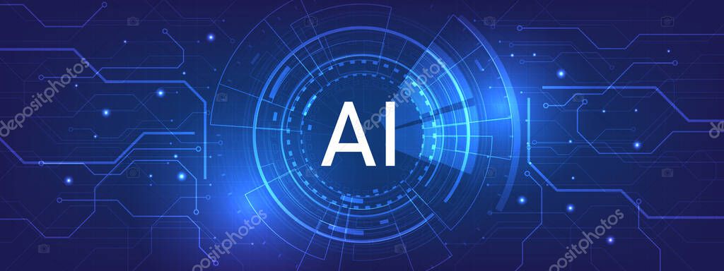 Futuristic digital   artificial intelligence(AI) technology on a dark blue background. AI(Artificial Intelligence) wording with the Circuit board design on dark blue background.Vector illustration.