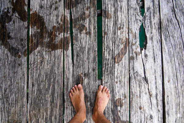 Personal Perspective Barefoot Old Wooden Boards Old Wooden Boards Texture — Stock Photo, Image