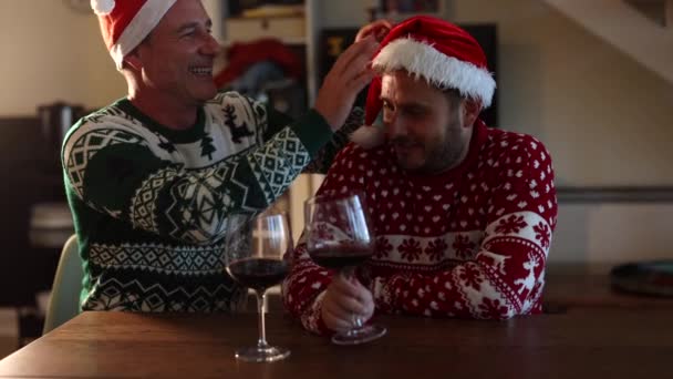 ハッピーLgbtカップルや家族が一緒にクリスマス休暇を祝います サンタクロースの帽子をかぶる — ストック動画