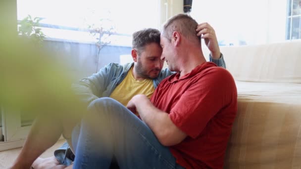 Slow Motion Gay Couple Men Giving Each Other Affection Living — Stock Video