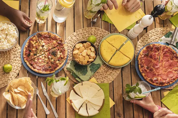 Overhead Shot Wooden Table Decorated Food — Stock Photo, Image