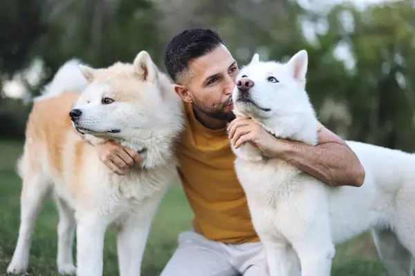 Retrato Del Hombre Abrazando Sus Perros Con Cabeza Medio Mientras — Foto de Stock