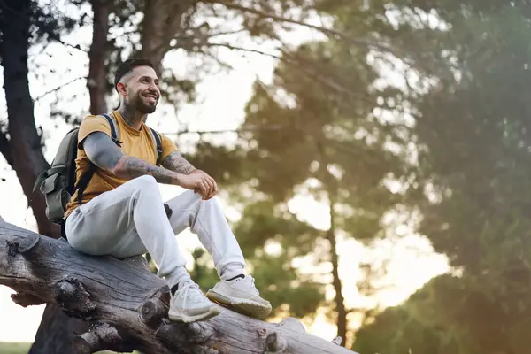 Sonriente Hombre Modelo Tatuado Descansando Sentado Tronco Del Árbol Bosque — Foto de Stock