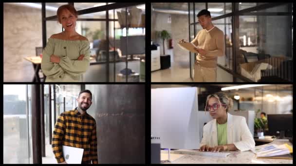 Collage Video Konferensskärm Med Förenade Personalavdelningar Kontorskollegor Välkomnar Online — Stockvideo