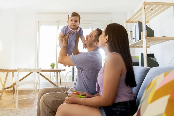 Cheerful Baby Playing His Dad While Holding Him Pretending Fly — Stock Photo, Image