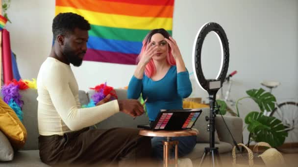 Friends Prepare Put Makeup Gay Pride Party — Stock Video