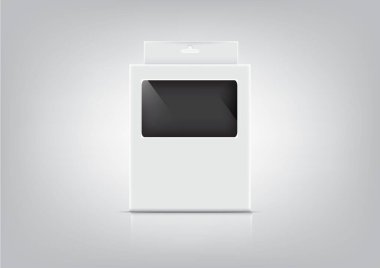 Gri arkaplandaki adaptörler, kulaklıklar, USB kabloları gibi aygıtlar için bir kutu paketi tasarla.