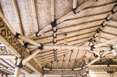 Dokuma bambu duvarı Endonezya tarzı doğa dokusu arka planı. Bambu duvarlar dikişsiz. Ön görünüm.