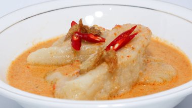 Laksan, a typical food from the city of Palembang (South Sumatra) in Indonesia. Consists of sliced fish cakes served in coconut milk-shrimp sauce, sprinkled with fried shallots. clipart