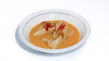 Laksan, a typical food from the city of Palembang (South Sumatra) in Indonesia. Consists of sliced fish cakes served in coconut milk-shrimp sauce, sprinkled with fried shallots. clipart