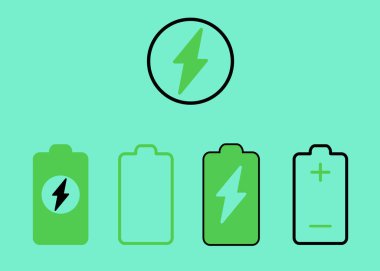 Farklı şarj seviyelerine sahip i4 pil simgesi. Bir simge siyah şimşekli yeşil bir pil, biri boş, biri beyaz yıldırımlı yeşil, ve diğeri siyah artı ve mi ile.