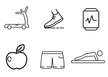 Koşu bandını, ayakkabıları, kalp atış hızı monitörünü, elmayı, şortu ve şınav çeken birini tasvir eden altı fitness simgesi..