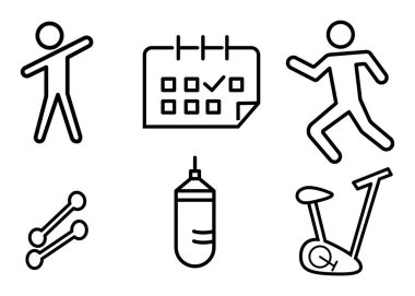 Değişik fitness aktivitelerini tasvir eden altı satır simgesi bir kişinin esneme işareti, bir koşucu, bir dambıl, bir kum torbası ve bir sabit bisiklet..