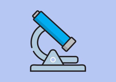 Gri tabanlı ve açık mavi arkaplanı olan mavi bir mikroskop çizimi. Mikroskop tek mercekli ve sahneli basit bir tasarıma sahiptir..