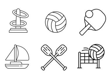 Yüzük atma, voleybol, ping pong, yelkencilik, raket kayıkçılık ve voleybol ağı gibi çeşitli spor ve eğlence aktivitelerini gösteren 6 satırlık bir simge..